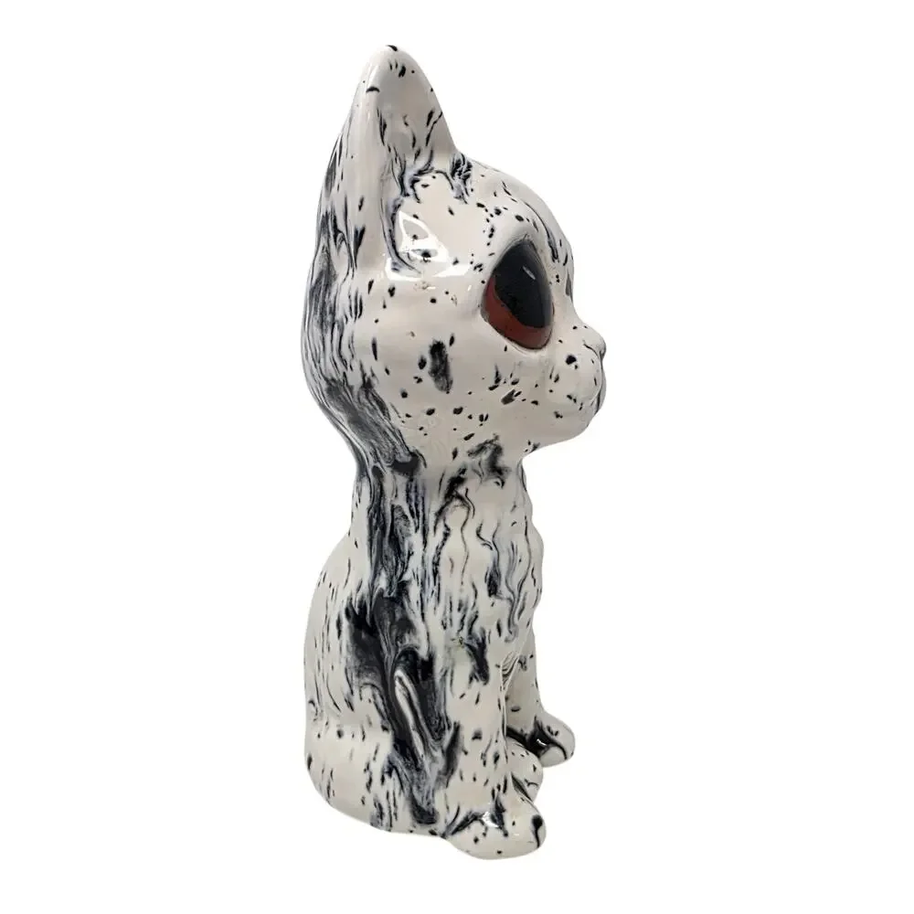 Vintage Big Eye Cat Figurine Black White Ceramic 7in Hairline Crack